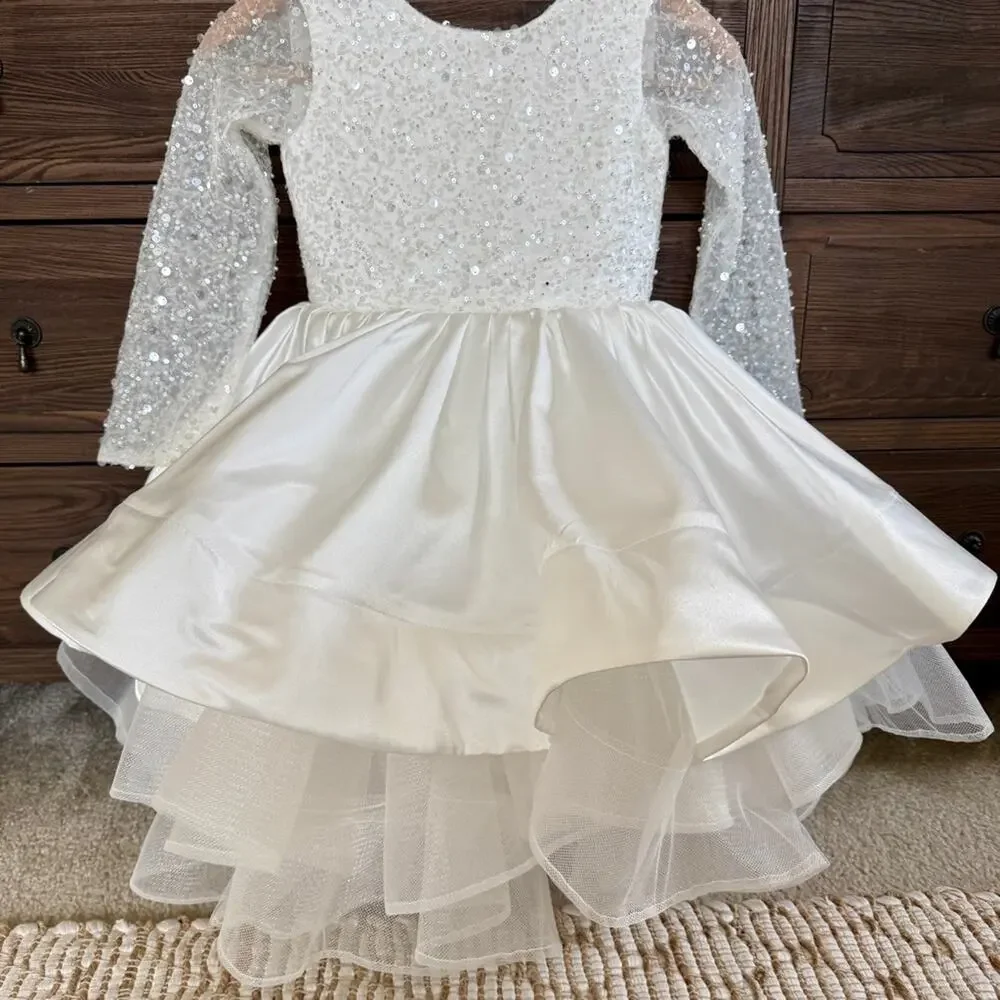 White Beaded Long Sleeve Tiered Satin Tulle Princess Flower Girl Dress Size 6-7